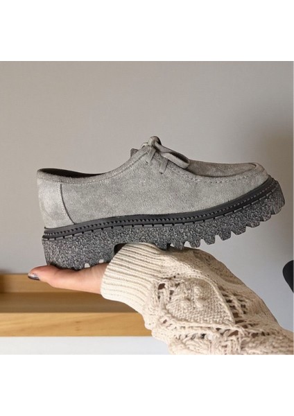 Süet Hakiki Deri Bağcıklı Kalın Desenli Tabanlı Kadın Günlük Casual Ayakkabı indirimleri