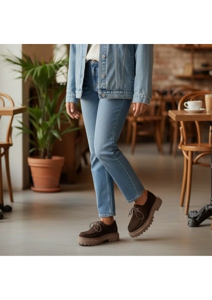 Süet Hakiki Deri Bağcıklı Kalın Desenli Tabanlı Kadın Günlük Casual Ayakkabı