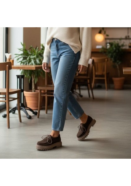 Süet Hakiki Deri Bağcıklı Kalın Desenli Tabanlı Kadın Günlük Casual Ayakkabı fiyatları