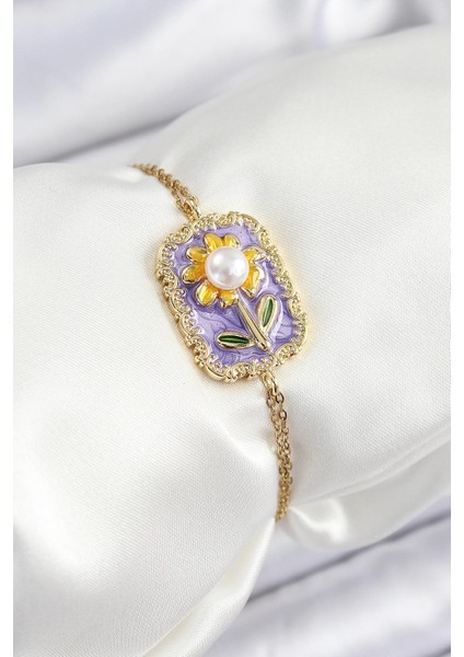 316L Çelik Zincir Mor Mineli Sanatsal Portre Inci Detaylı Papatya Model Gold Renk Kadın Bileklik