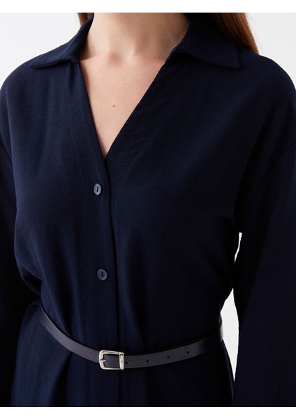 Yeni Sezon Gömlek Yaka Düz Uzun Kollu Poplin Elbise fırsatları