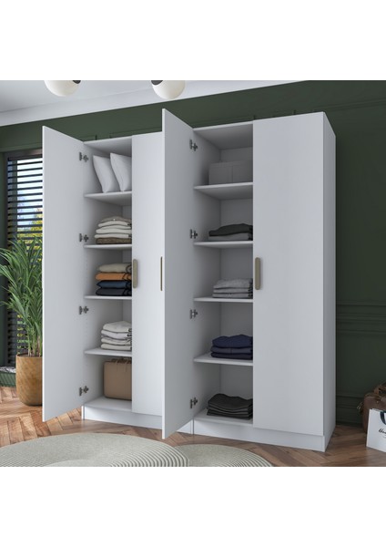 BA165 Geniş Gardırop Elbise Dolabı 4 Kapaklı 8 Raflı 10 Bölmeli Modüler Dolap Beyaz