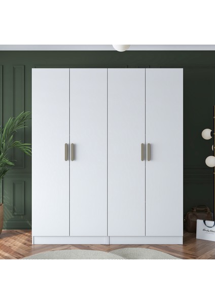 BA165 Geniş Gardırop Elbise Dolabı 4 Kapaklı 8 Raflı 10 Bölmeli Modüler Dolap Beyaz modelleri