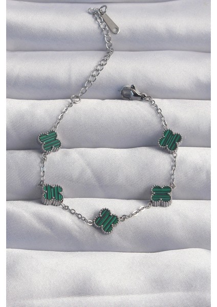 316L Çelik Baby Boy Gümüş Renk Çizgili Yeşil Mineli Yonca Bileklik