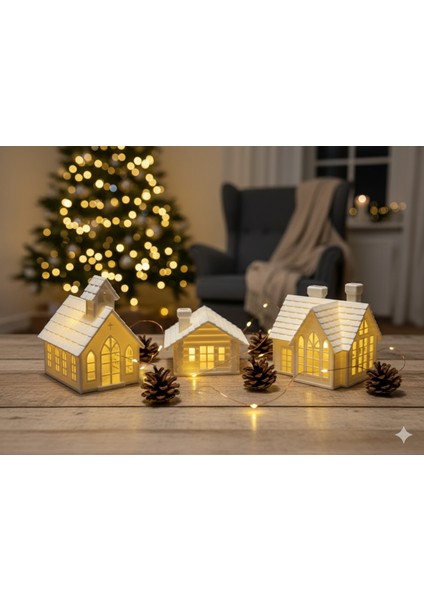 Auro 3'lü Set Sıcak Yuva Işıkları - Mini Kış Köyü Seti Yılbaşı Özel - 3D