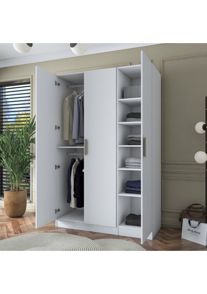 BA164 Gardırop Elbise Dolabı 3 Kapaklı 6 Raflı 2 Askılı Modüler Dolap Beyaz