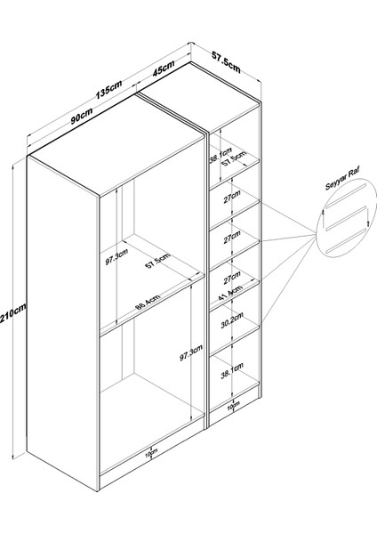 BA164 Gardırop Elbise Dolabı 3 Kapaklı 6 Raflı 2 Askılı Modüler Dolap Beyaz fiyatları