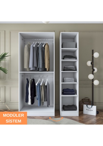 BA164 Gardırop Elbise Dolabı 3 Kapaklı 6 Raflı 2 Askılı Modüler Dolap Beyaz fırsatları