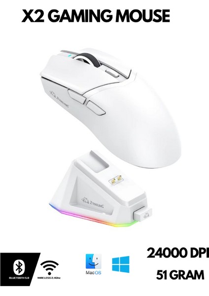 Kablosuz (3 Modlu) 24.000DPI Oyuncu Mouse PAW3311 Sensör Şarj Istasyonlu Grip Tape ve Skatez Hediye