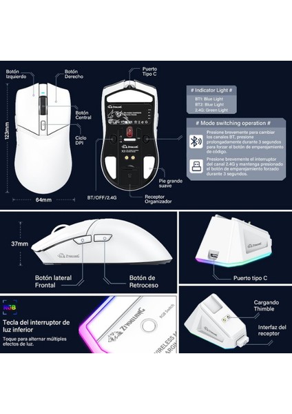 Kablosuz (3 Modlu) 24.000DPI Oyuncu Mouse PAW3311 Sensör Şarj Istasyonlu Grip Tape ve Skatez Hediye