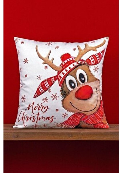 Kırmızı Yılbaşı Geyik Desenli Dijital Baskılı 4'lü Kırlent Kılıfı Seti 4KMBS323