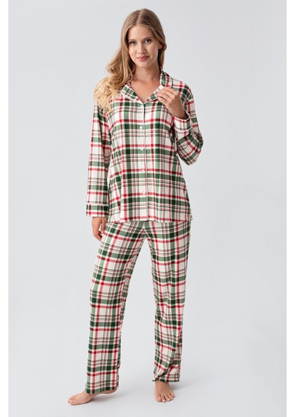 Termal Uzun Kollu Düğmeli Ekose Desenli Esnek Yumuşak Dokulu Pijama Takım 18221