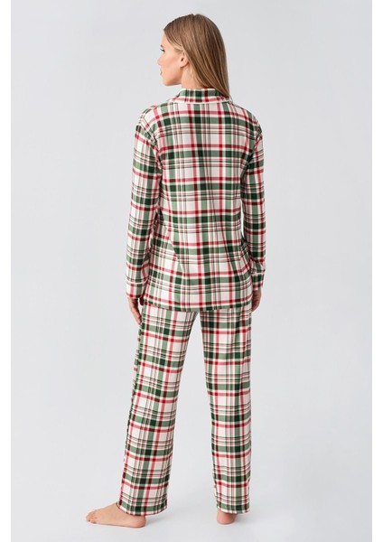 Termal Uzun Kollu Düğmeli Ekose Desenli Esnek Yumuşak Dokulu Pijama Takım 18221 indirimleri