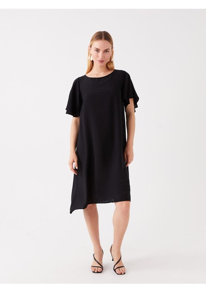 Yeni Sezon Bisiklet Yaka Düz Kısa Kollu Elbise