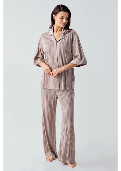 Truvakar Kol Düğmeli Saten Detaylı Esnek Viskoz Pijama Takım 17202