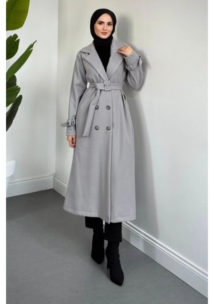 Maison Astarlı Kemerli Kaşe Tesettür Kaban- Gri fiyatları
