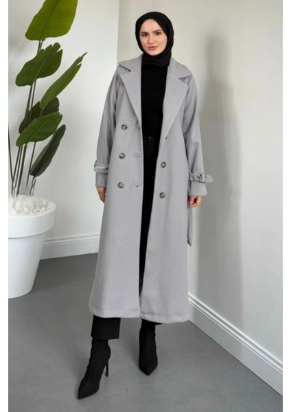 Maison Astarlı Kemerli Kaşe Tesettür Kaban- Gri modelleri