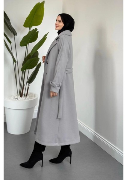 Maison Astarlı Kemerli Kaşe Tesettür Kaban- Gri indirimleri