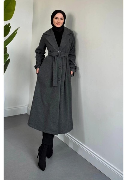 Maison Astarlı Kemerli Kaşe Tesettür Kaban- Füme