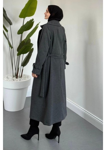 Maison Astarlı Kemerli Kaşe Tesettür Kaban- Füme modelleri