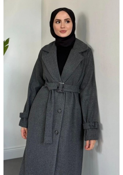 Maison Astarlı Kemerli Kaşe Tesettür Kaban- Füme fırsatları