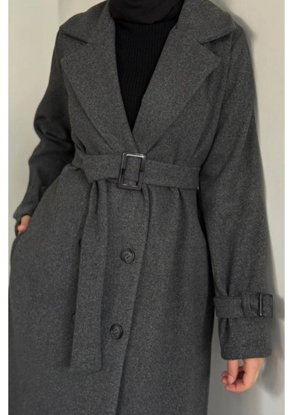 Maison Astarlı Kemerli Kaşe Tesettür Kaban- Füme indirimleri