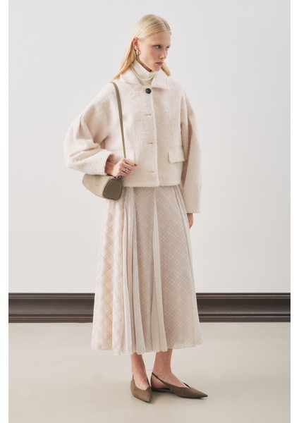 Ekose Desenli Volanlı Etek Ekru