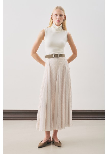 Ekose Desenli Volanlı Etek Ekru modelleri