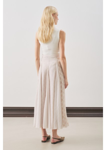 Ekose Desenli Volanlı Etek Ekru