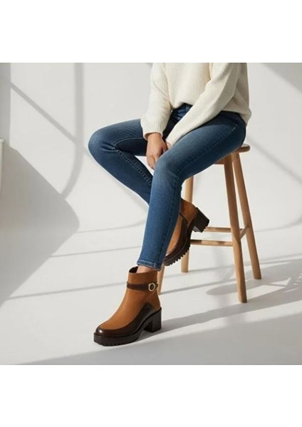 Taba Nubuk Kahve Garnili Bilekten Atkılı Kadın Kalın Topuklu Bot modelleri