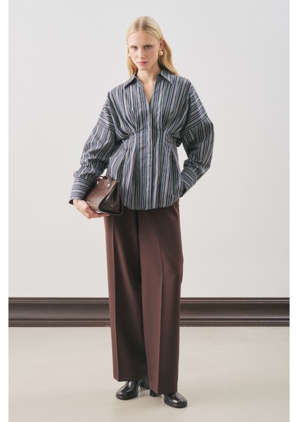 Pile Detaylı Gömlek Kahve Çizgili