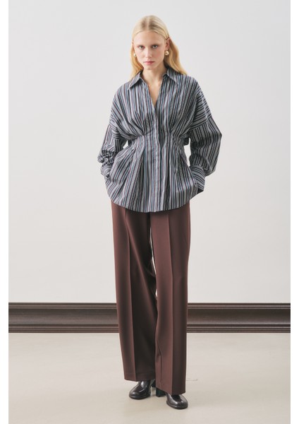 Pile Detaylı Gömlek Kahve Çizgili modelleri