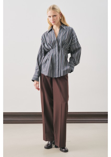 Pile Detaylı Gömlek Kahve Çizgili fırsatları