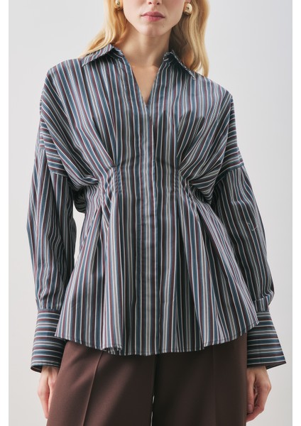 Pile Detaylı Gömlek Kahve Çizgili indirimleri