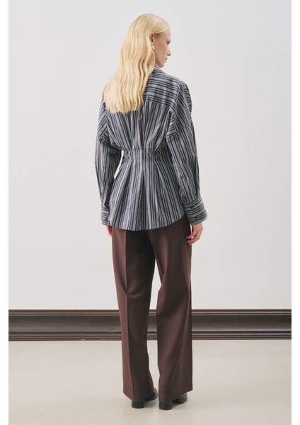 Pile Detaylı Gömlek Kahve Çizgili