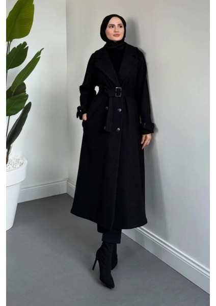 Maison Astarlı Kemerli Kaşe Tesettür Kaban- Siyah