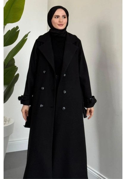 Maison Astarlı Kemerli Kaşe Tesettür Kaban- Siyah fırsatları