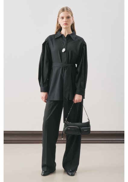 Geniş Kol Kemerli Gömlek Siyah