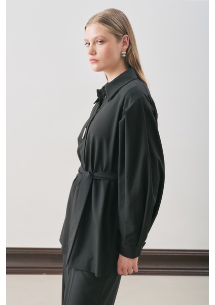 Geniş Kol Kemerli Gömlek Siyah indirimleri