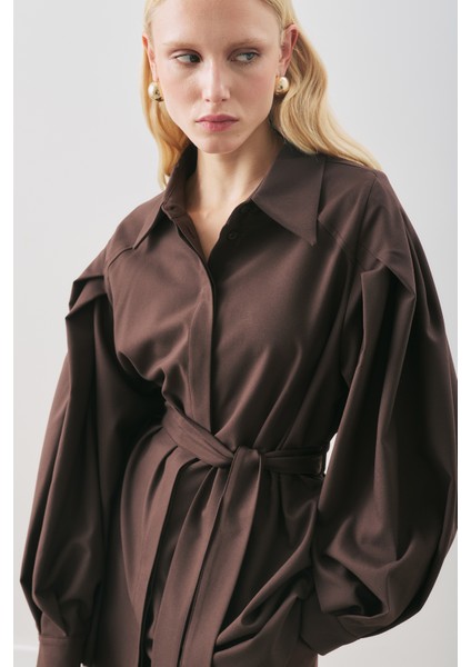 Geniş Kol Kemerli Gömlek Acı Kahve modelleri