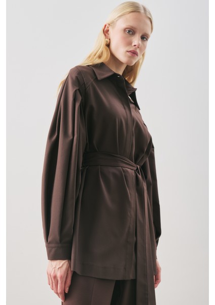 Geniş Kol Kemerli Gömlek Acı Kahve indirimleri