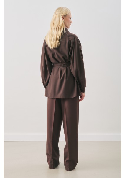 Geniş Kol Kemerli Gömlek Acı Kahve