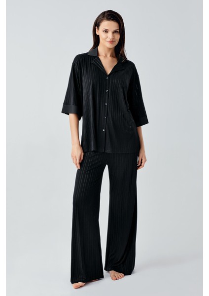 Truvakar Kol Düğmeli Saten Detaylı Esnek Viskoz Pijama Takım 17202