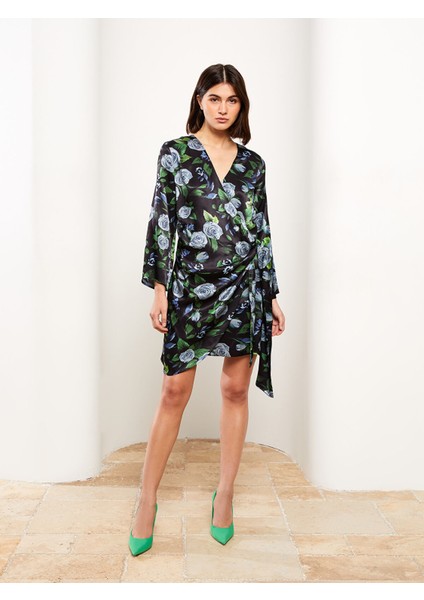 Yeni Sezon Kruvaze Yaka Çiçekli Uzun Kollu Saten Elbise
