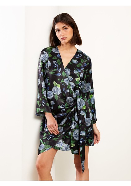 Yeni Sezon Kruvaze Yaka Çiçekli Uzun Kollu Saten Elbise modelleri