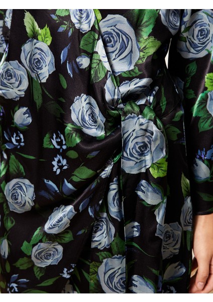 Yeni Sezon Kruvaze Yaka Çiçekli Uzun Kollu Saten Elbise fırsatları