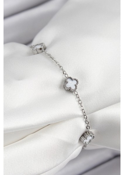 316L Çelik Beyaz Sedef Yonca Model Gümüş Renk Kadın Bileklik