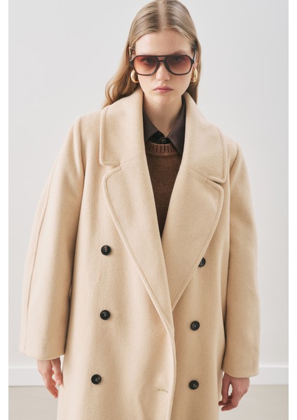 Kruvaze Yün Palto Bej