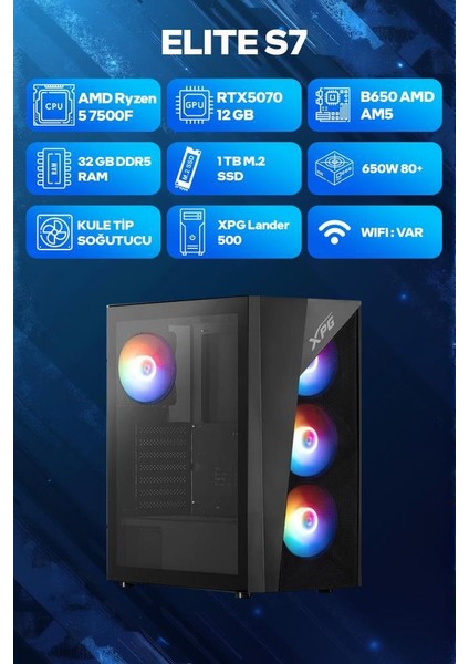 Elite S7 Amd Ryzen 5 7500F 32GB RAM 1TB SSD RTX5070 Freedos Oyuncu OEM Paket