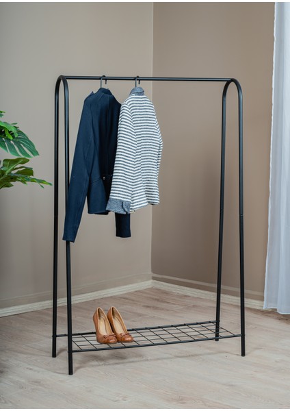 Elit 1 Siyah Metal Raflı Elbise Askısı Ayaklı Askılık Konfeksiyon Askılık